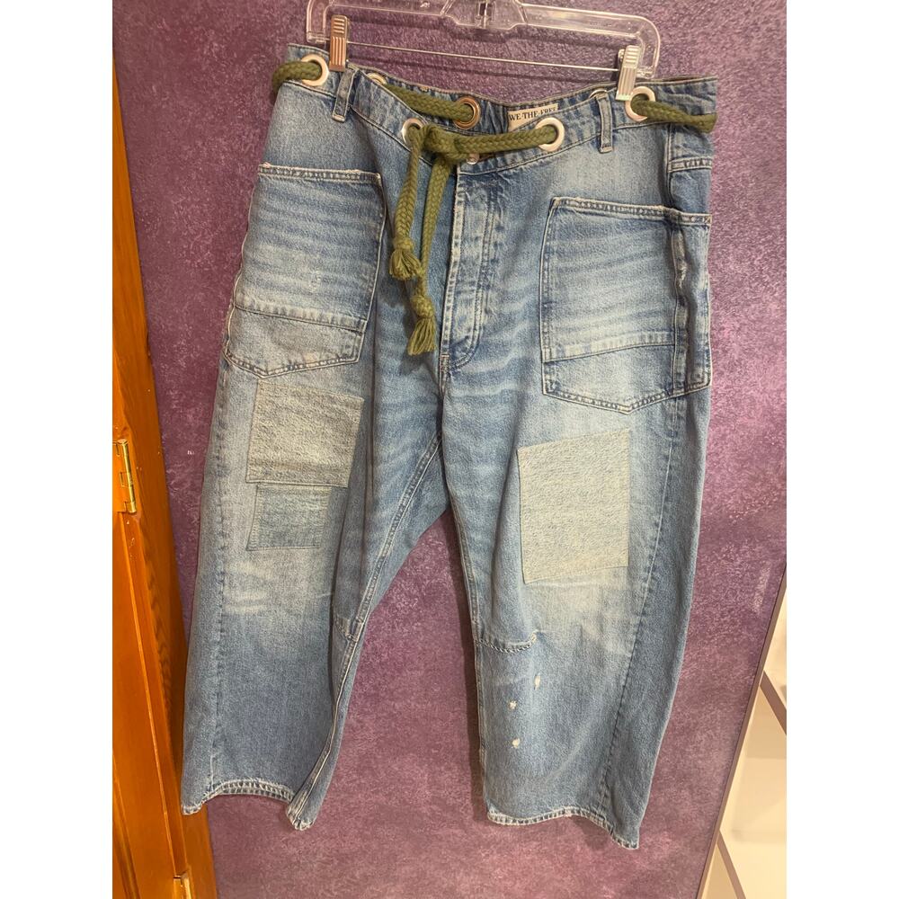 Free People Light Blue Patchwork Wide-Leg Denim with Olive Drawcord - Picture 2 of 13